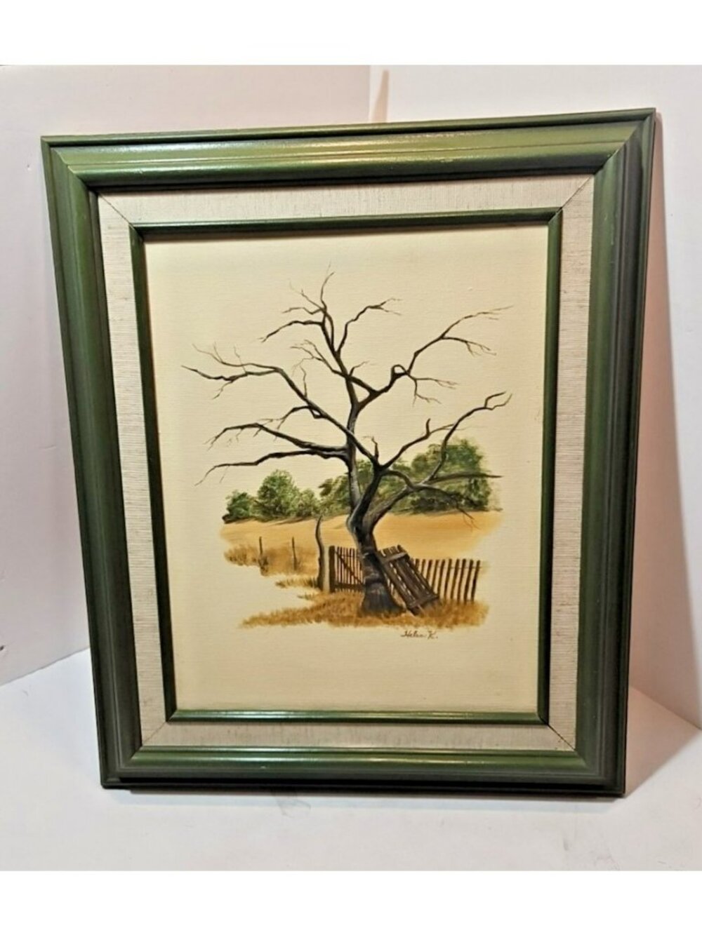 Vintage 1970s Framed Oil Painting Signed Helen K Tree with Fence 18" by 16"